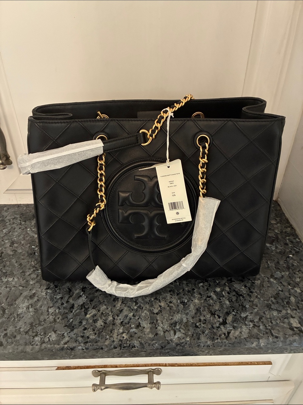 Tory Burch Black Quilted Leather Shoulder Tote with Gold Chain Trim